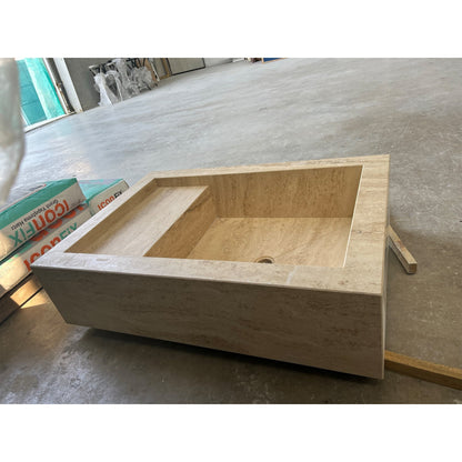 Beige Travertine Hand Carved Vanity Sink with Natural Vein Cut
