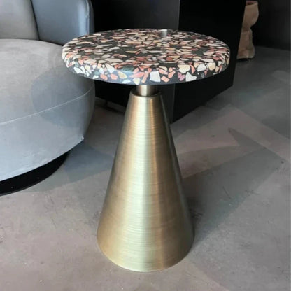 Terrazzo Round Side Table - Brass Conic Legs Modern Designer