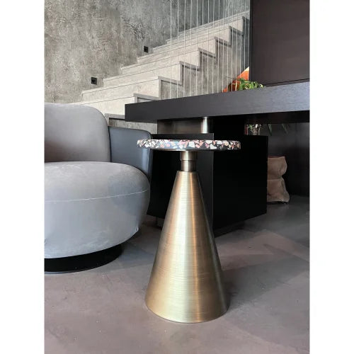 Terrazzo Round Side Table - Brass Conic Legs Modern Designer