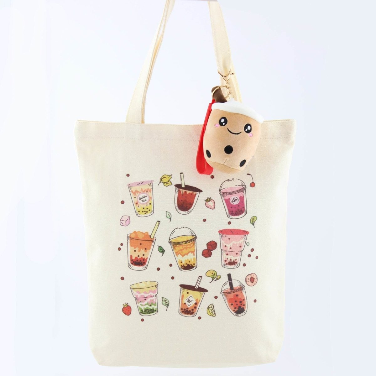 Boba Tea Tote Bag – Cream Canvas with Keychain & Enamel Pin