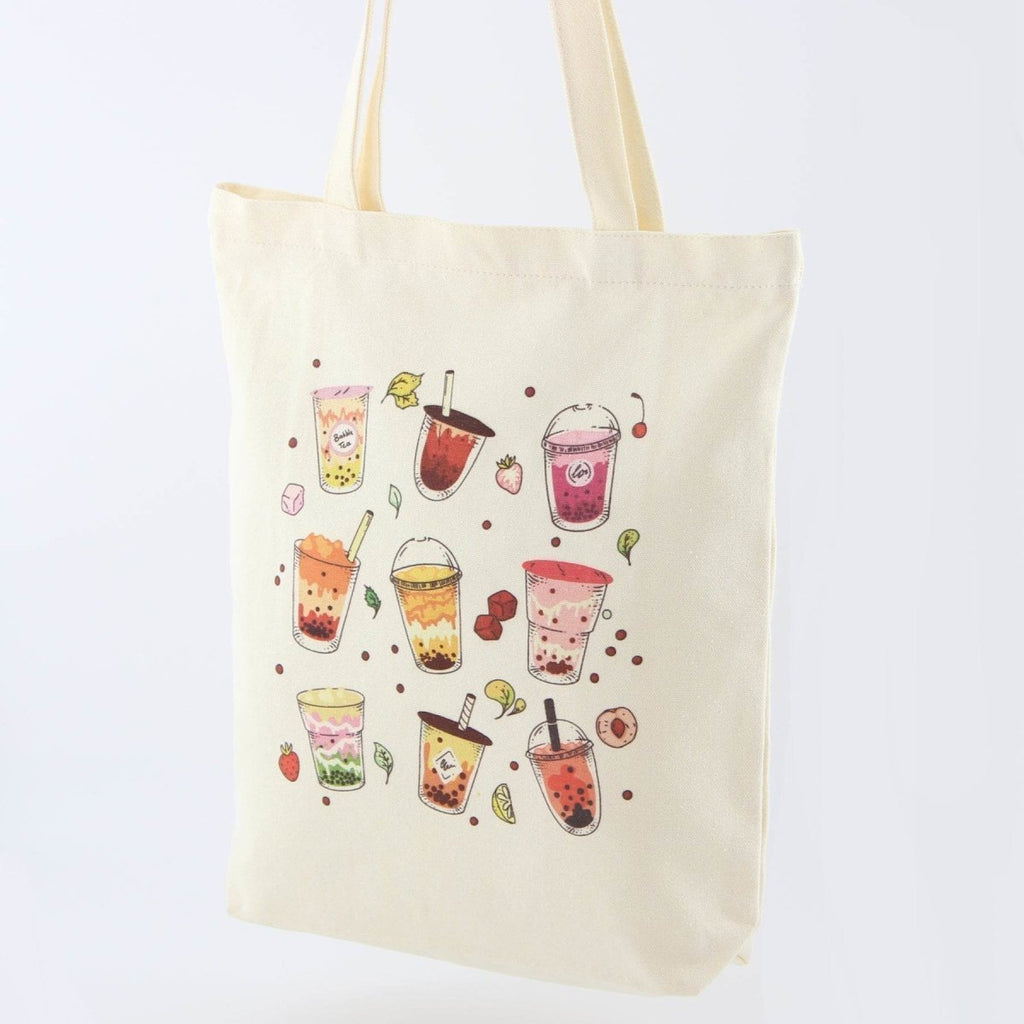 Boba Tea Tote Bag – Cream Canvas with Keychain & Enamel Pin
