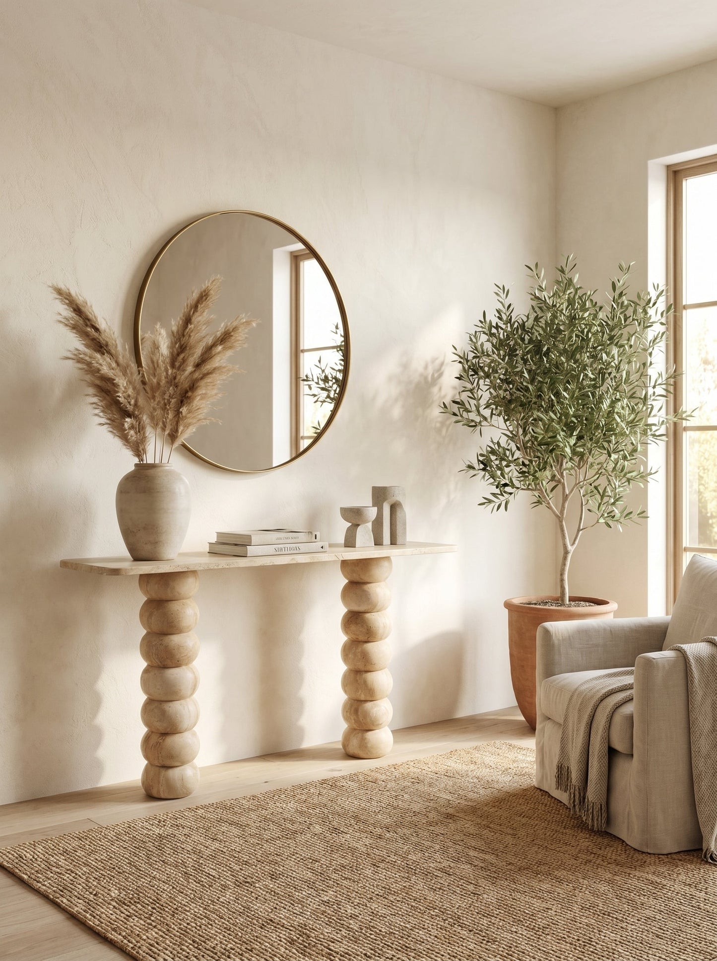 Light Travertine Natural Stone Designer Console Table - Premium Handcrafted Honed Finish