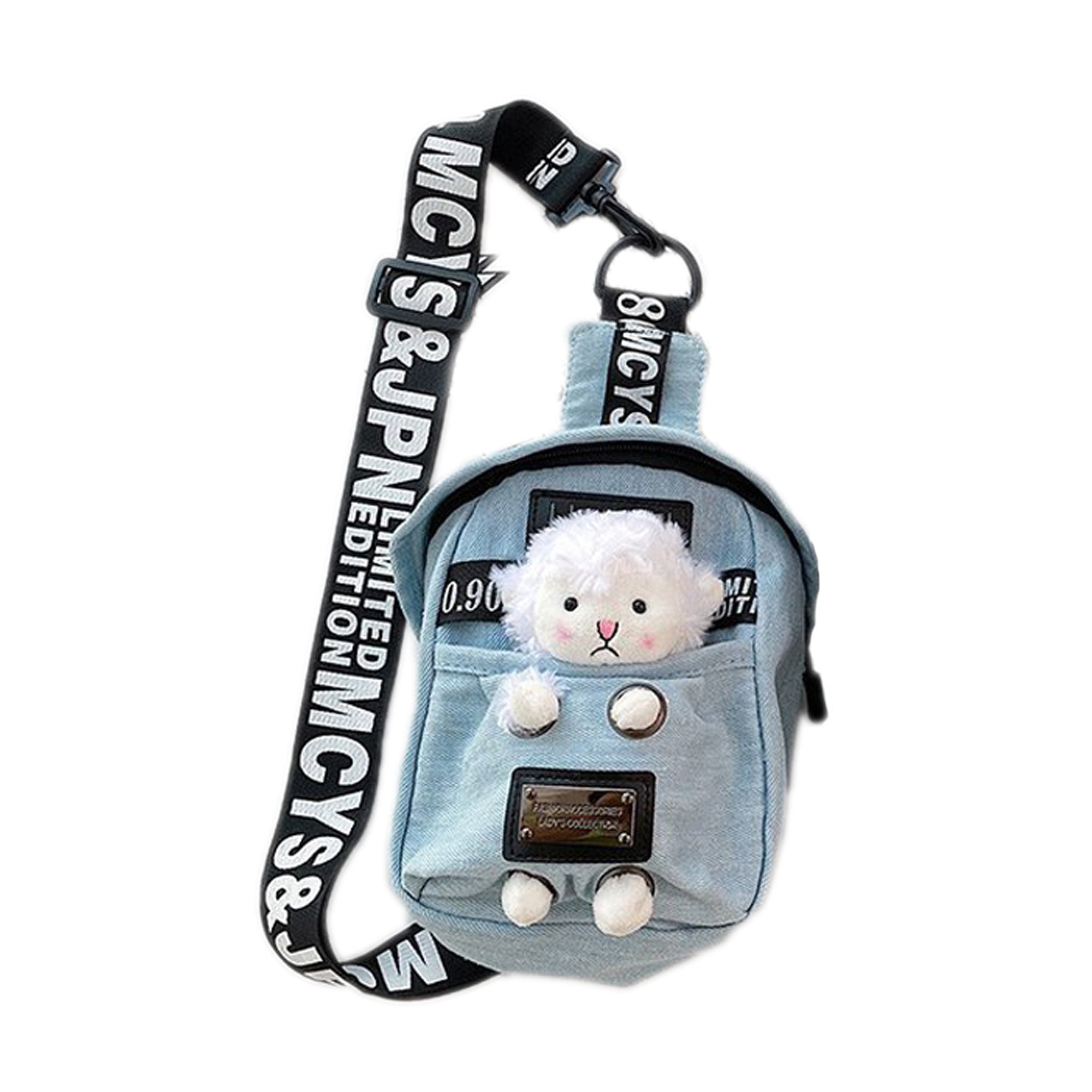 Kawaii Denim Crossbody Sling Bag with Sheep Charm Adjustable Strap