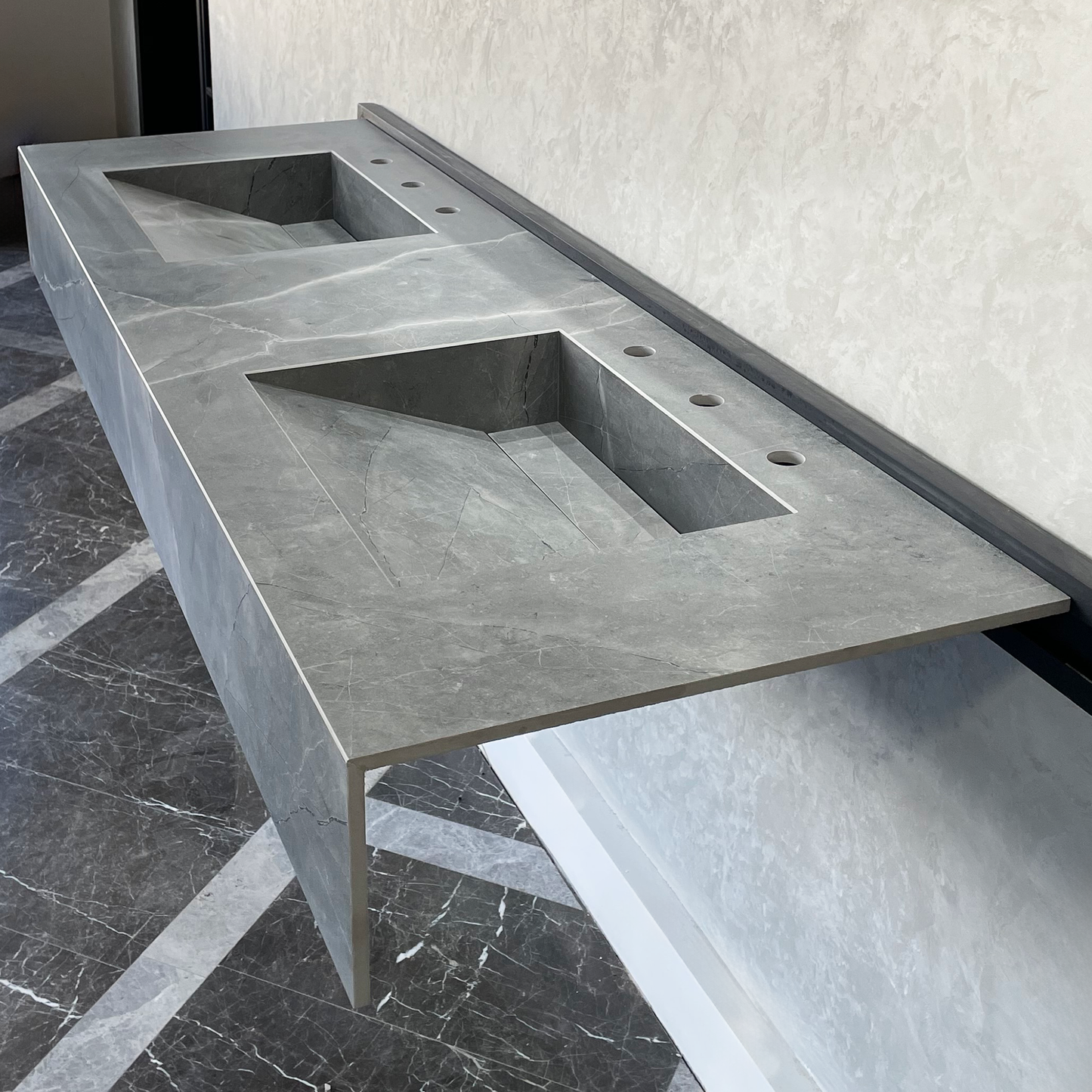 Armani Grey Engineered Porcelain Double Sink Handcrafted with Modern Marble Aesthetics