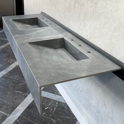 Armani Grey Engineered Porcelain Double Sink Handcrafted with Modern Marble Aesthetics