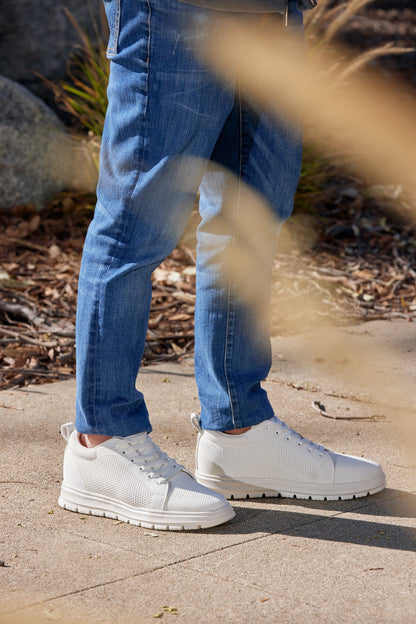 CALTO - X2321 - 2.4 Inches Taller (White/White Sole) - Lace Up Casual Sneaker - Lightweight