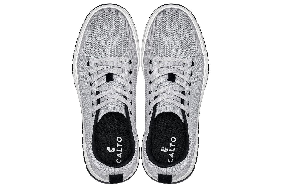 CALTO - X2324 - 2.4 Inches Taller (Pewter Grey/White & Black Sole) - Lace Up Casual Sneaker - Lightweight