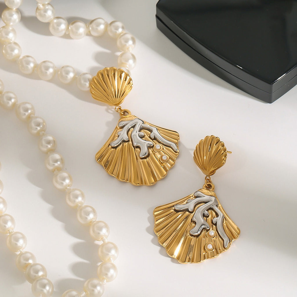 18K gold shell inlaid pearl exquisite design unique earrings