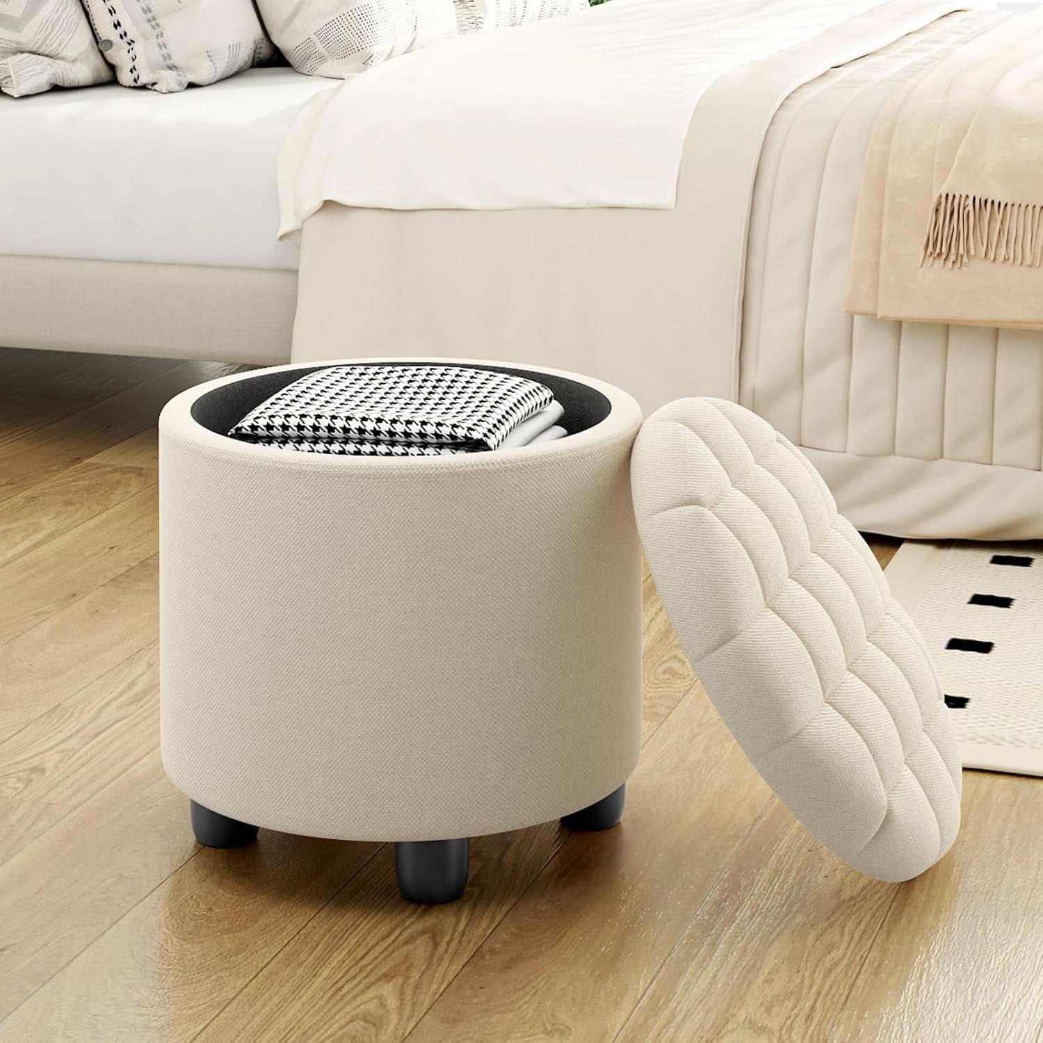 Beige Round Storage Ottoman Featuring Removable Lid
