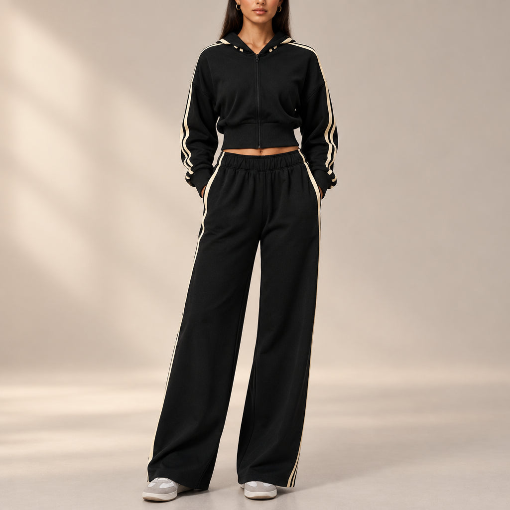 Women's Contrast-Stripe Cropped Zip Hoodie & Wide-Leg Pants Set