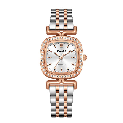 Diamond-encrusted Dial Oval-shaped Steel Bracelet Quartz Womens Watch