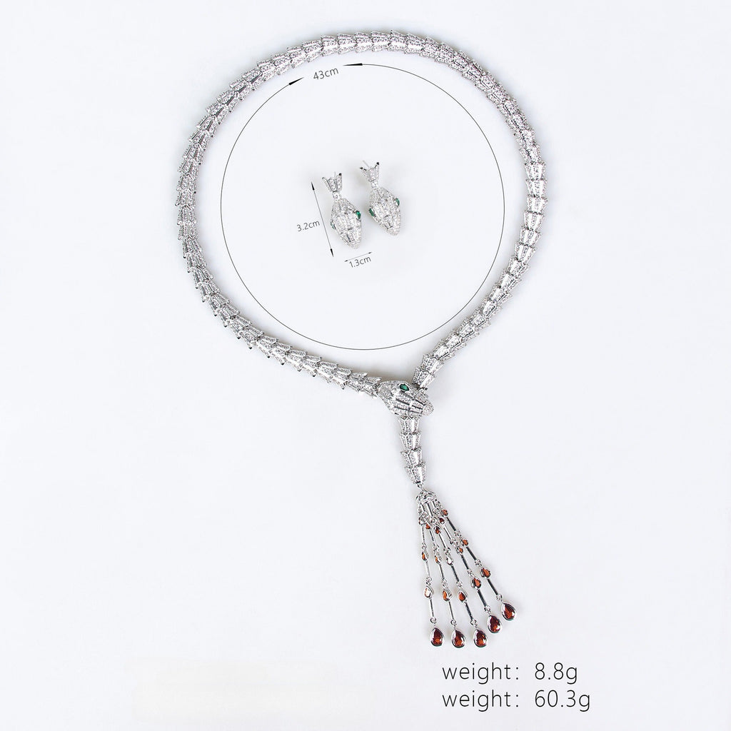 Serpentine Teardrop Tassel Zircon Earrings & Necklace Set