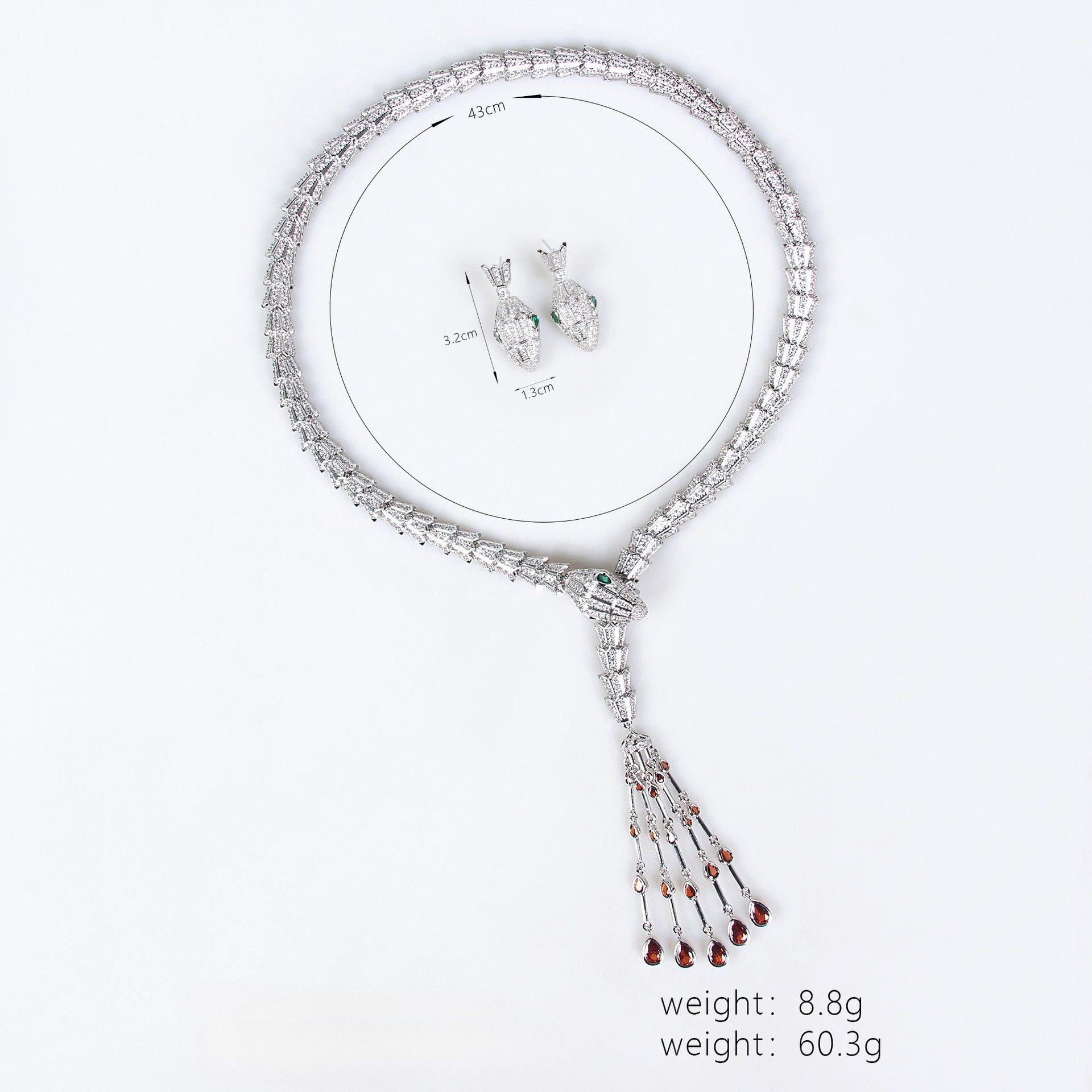 Serpentine Teardrop Tassel Zircon Earrings & Necklace Set