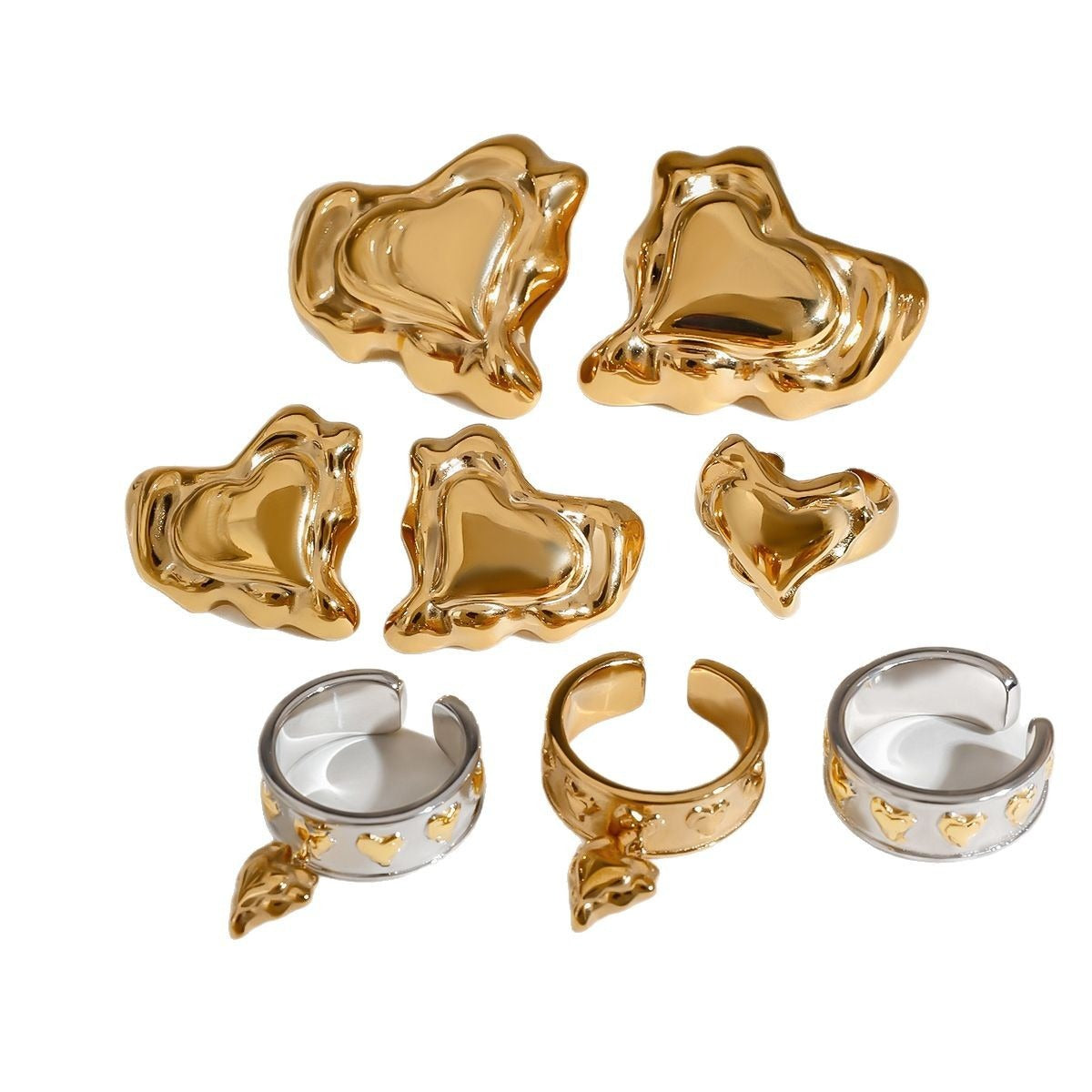 18K Gold Heart Design Trendy Personalized Earring and Ring Set