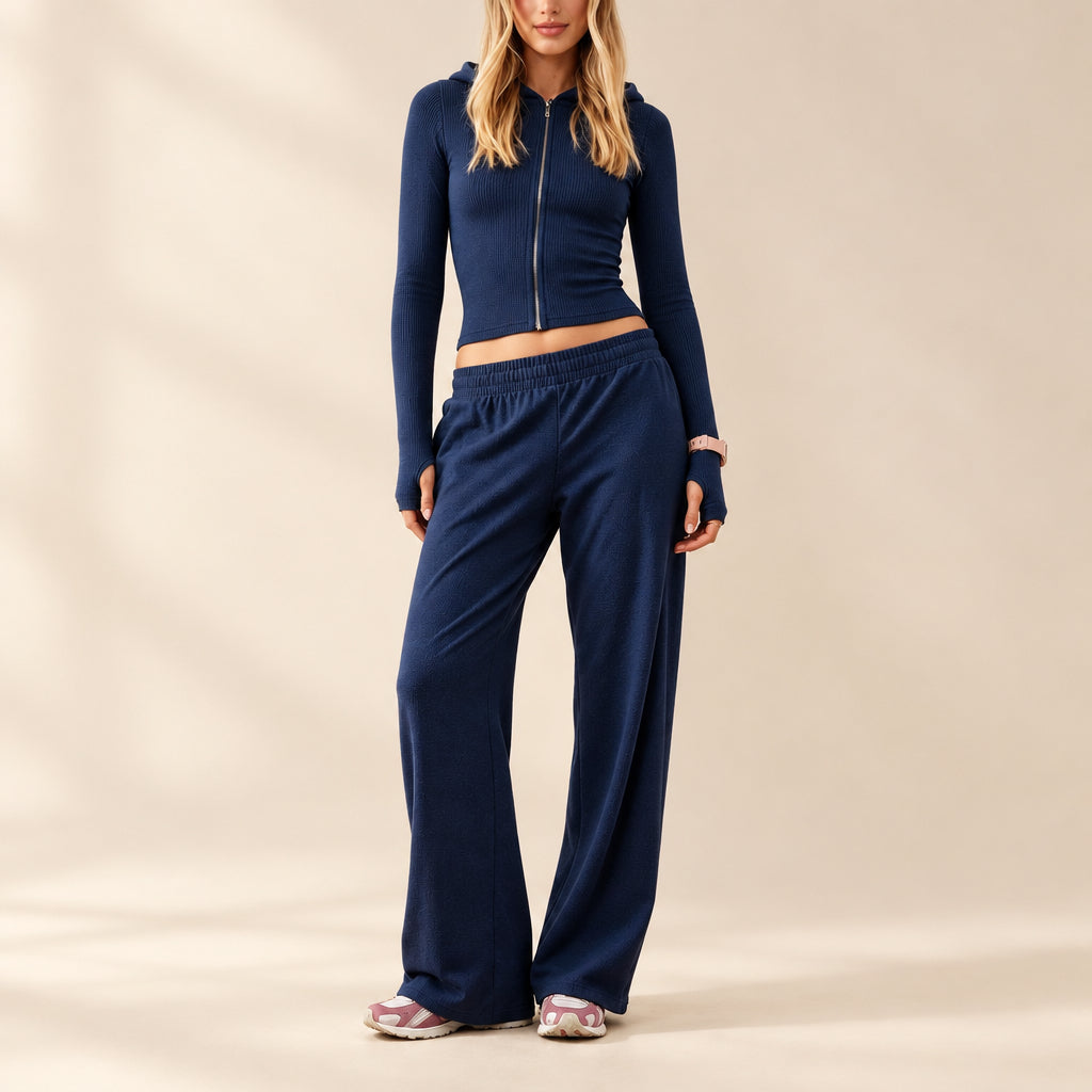 Women's Cropped Zip-Up Hoodie & Wide-Leg Pants Set