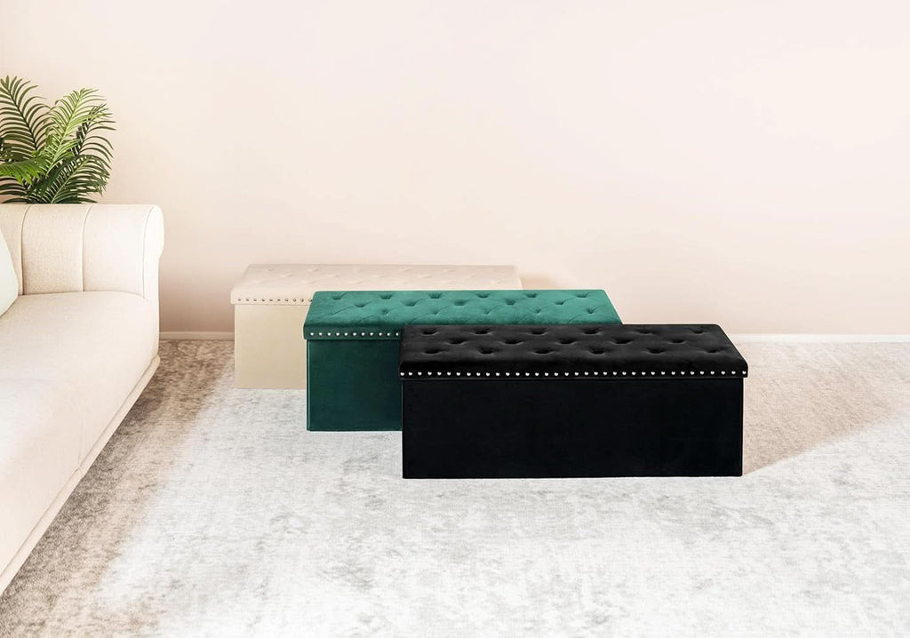 Black Premium Velvet Storage Ottoman Bench Bedroom
