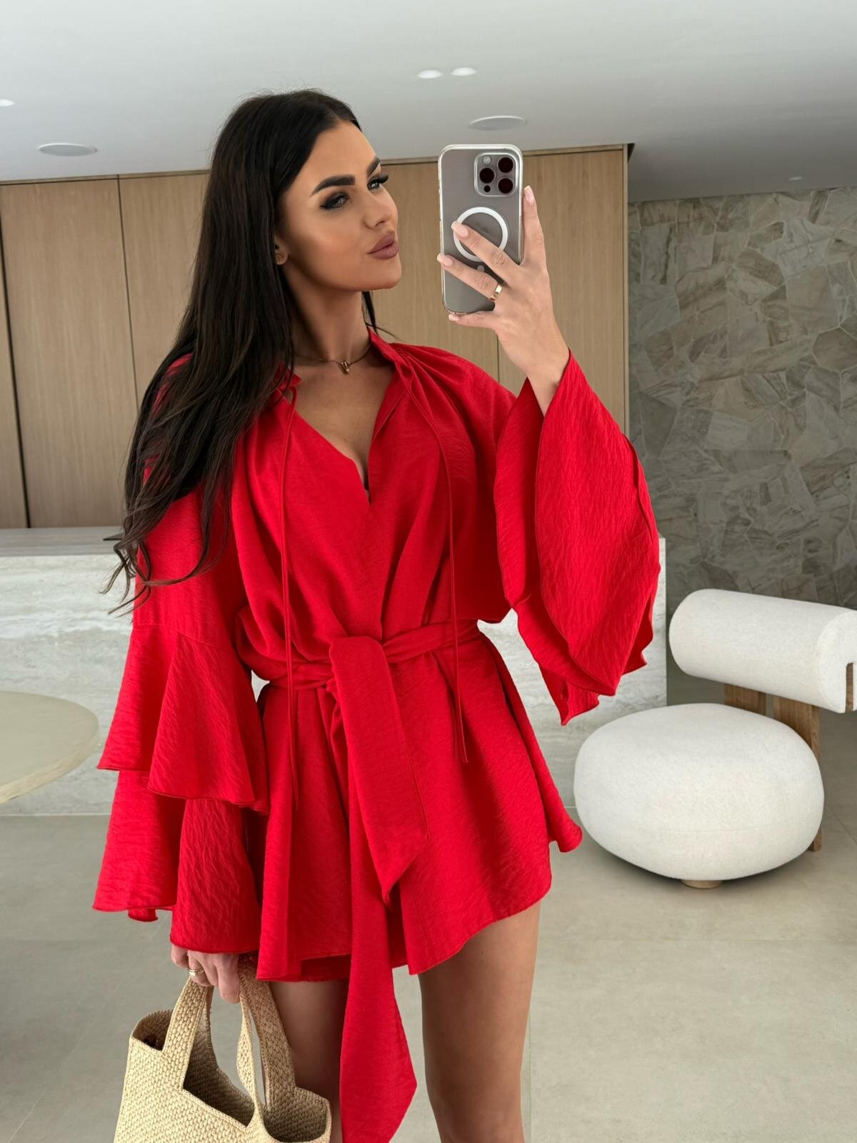 Women's V-Neck Lace-Up Irregular Hem Loose Dress