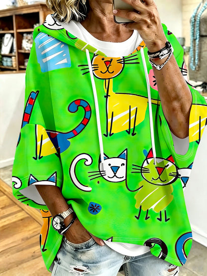 Cartoon Cat Print Hoodie with 3/4 Sleeves & Drawstring