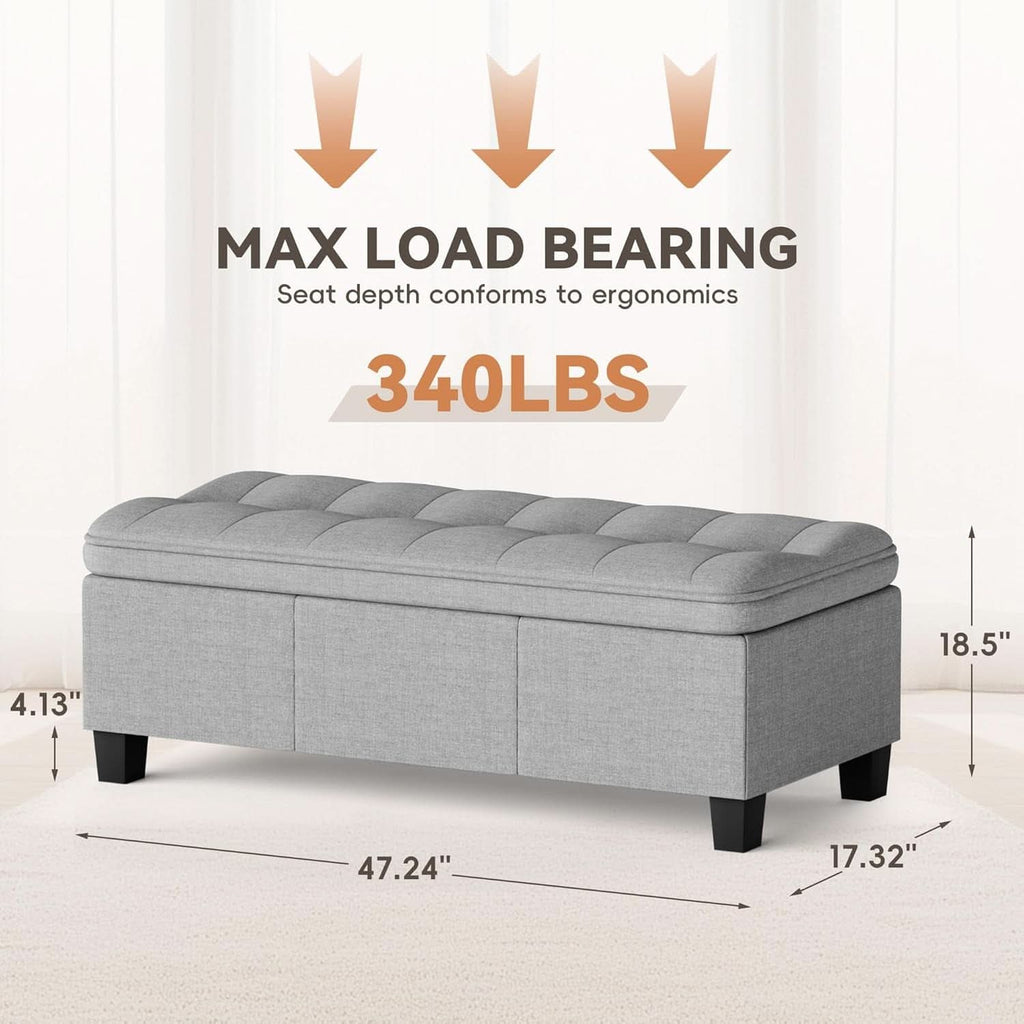 Forty Seven Inch Storage Ottoman Bench Linen Gray Fabric