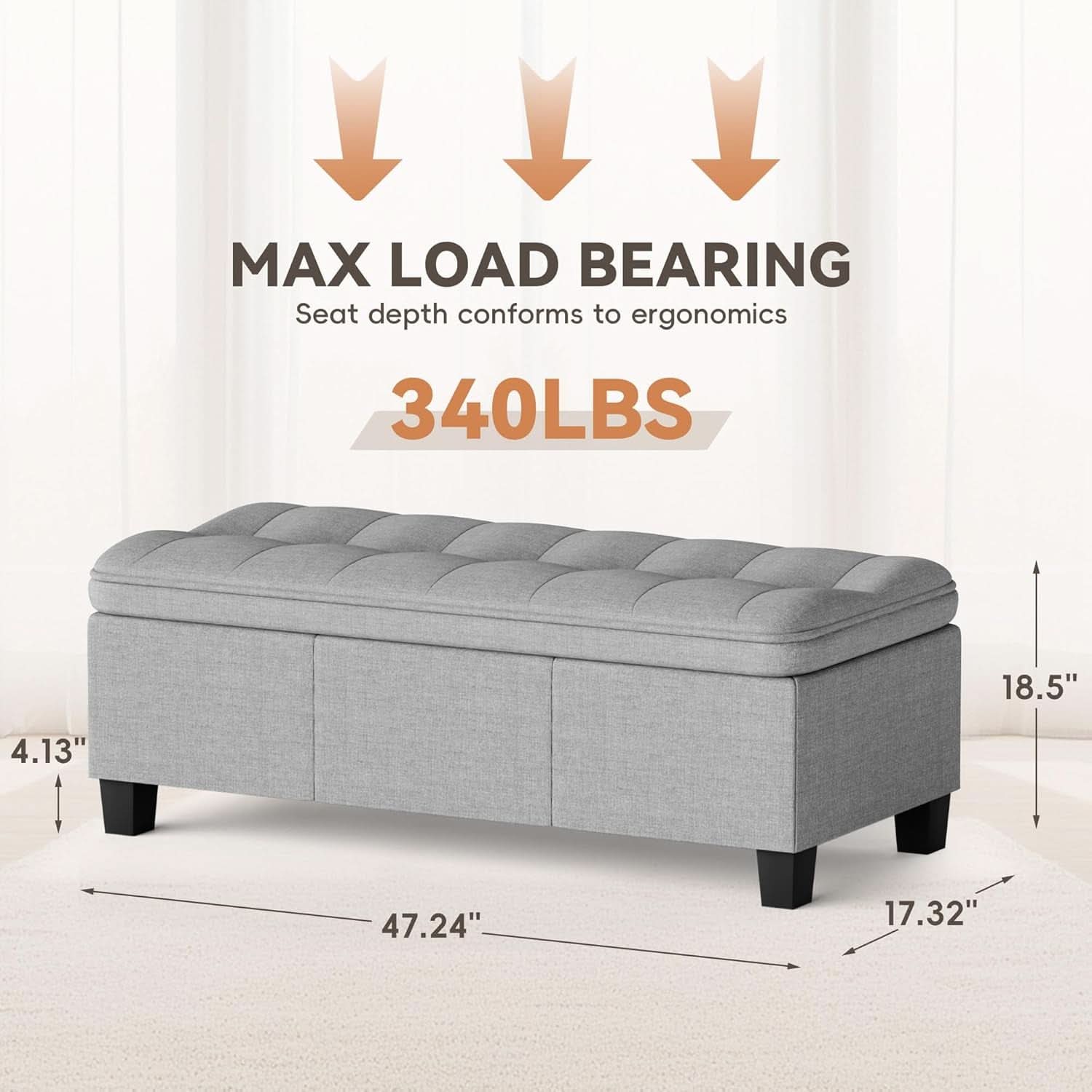 Forty Seven Inch Storage Ottoman Bench Linen Gray Fabric