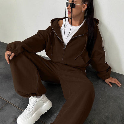 Women's Oversized Cropped Zip-Through Hoodie & Wide-Leg Sweatpants Set