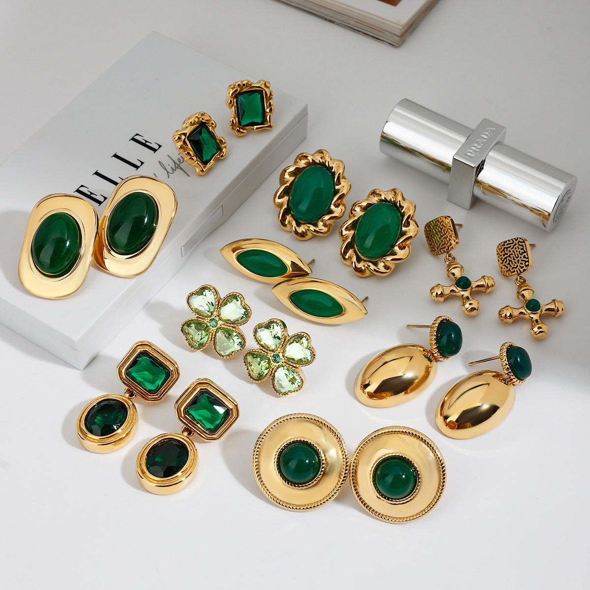 18K gold geometric/flower-shaped inlaid gemstone design light luxury noble earrings