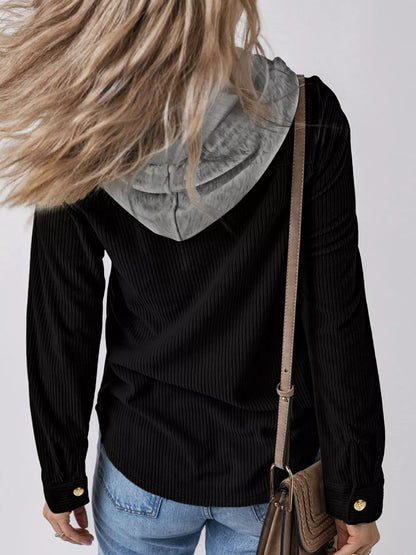 Plus Size Casual Corduroy Button-Down Hooded Jacket