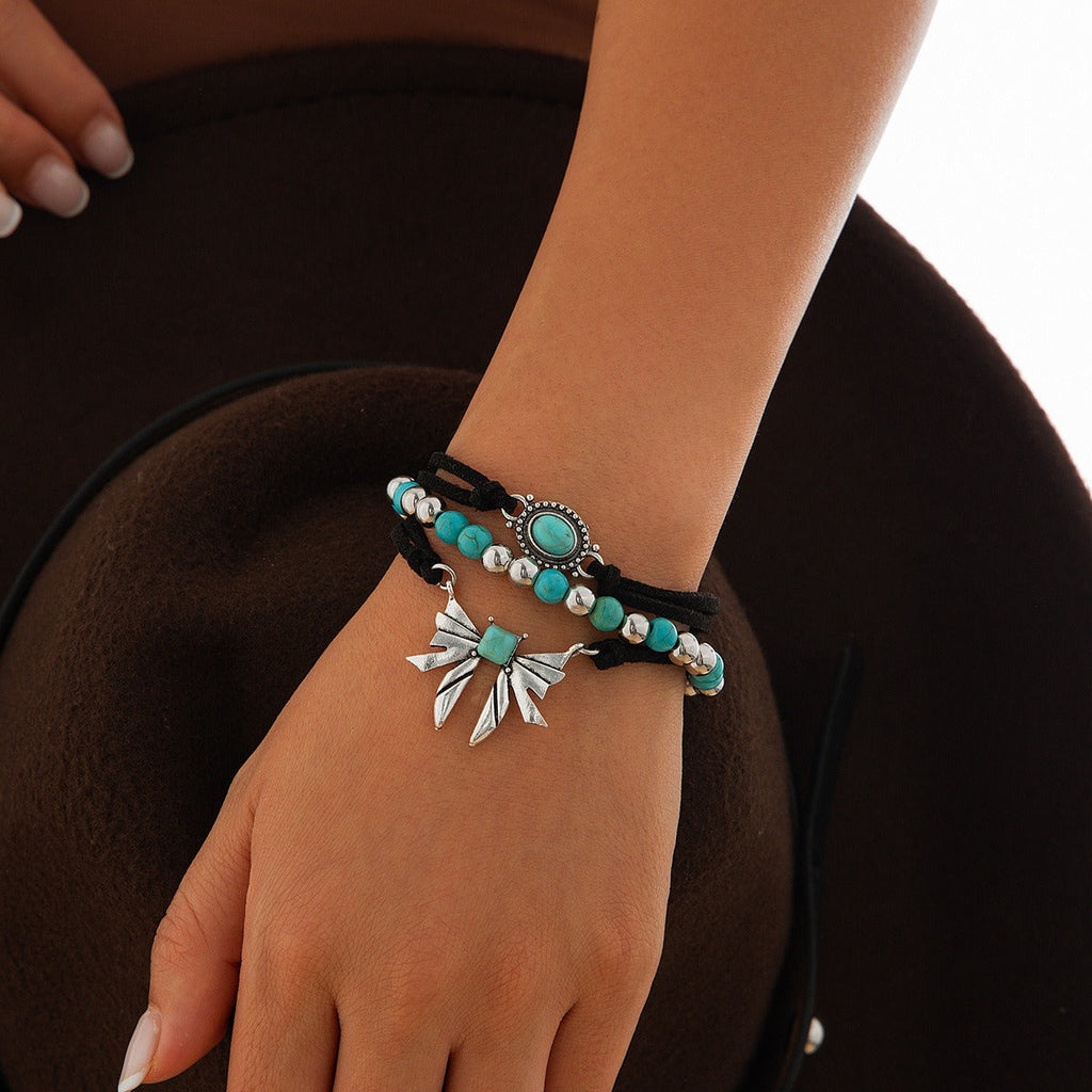Imitation Turquoise Cactus Tag Bracelet Set