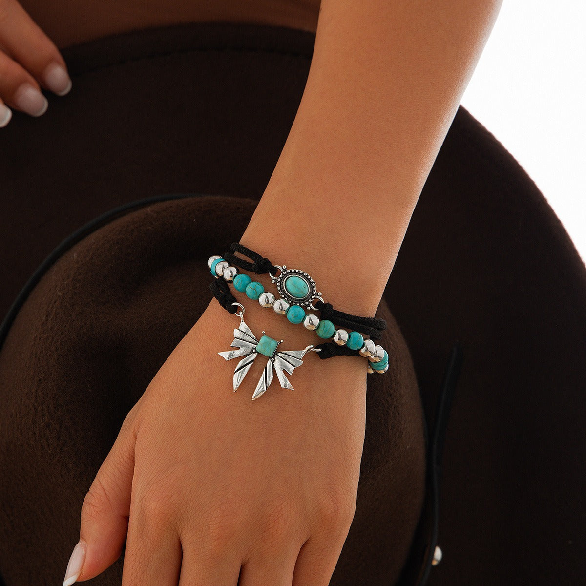 Imitation Turquoise Cactus Tag Bracelet Set