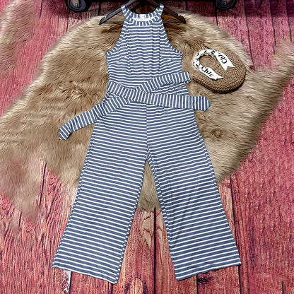 Casual Striped Jumpsuits Summer Cap Sleeve Wide Leg Jumper