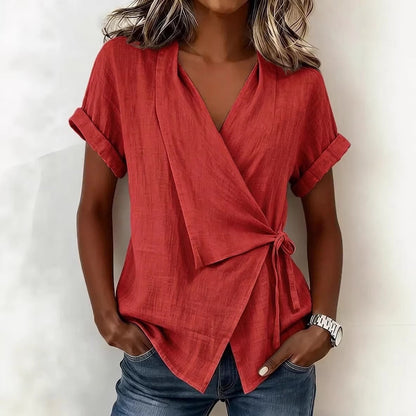 Women's Casual Lapel Collar Lace-Up Short-Sleeve Linen Top