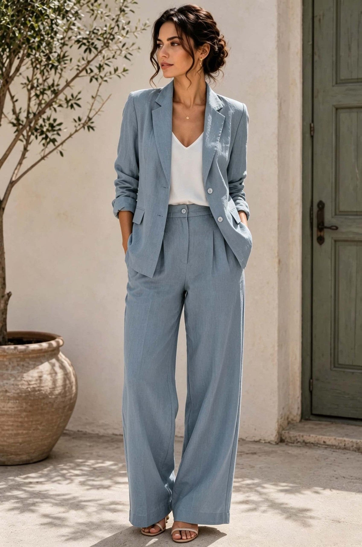 Women's Linen-Look Oversized Double-Breasted Blazer & Wide-Leg Pleated Trouser Suit Set