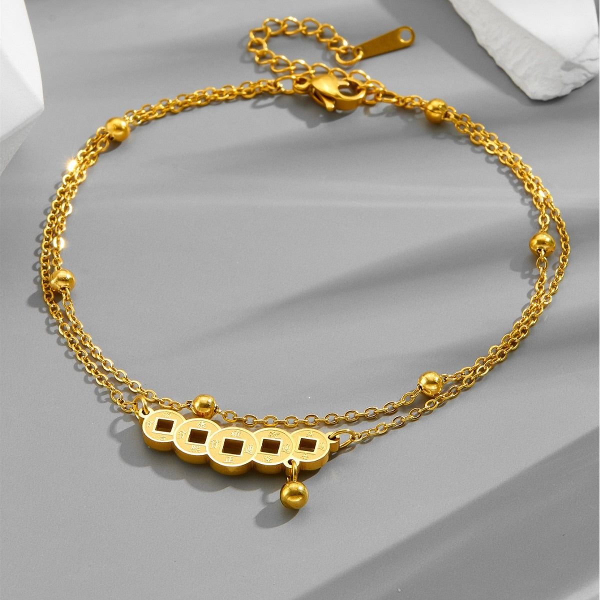 18k gold double-layer bead necklace retro Chinese style copper coin anklet