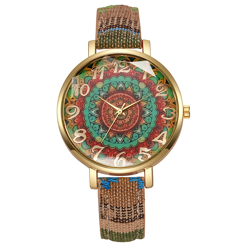 Round Floral Design, Multicolored, Versatile Casual Quartz Watch