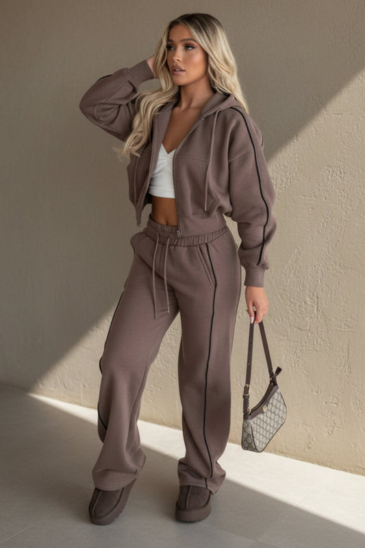 Women's Fleece Cropped Zip Hoodie & Wide-Leg Pants Set