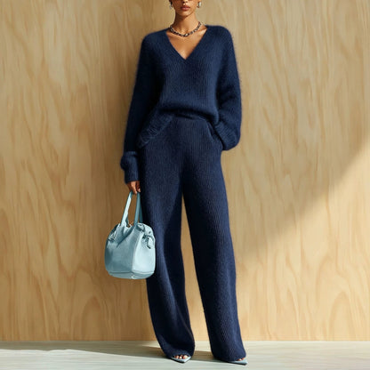 Women's Fluffy V-Neck Oversized Sweater & Wide-Rib Wide-Leg Knit Trouser Set