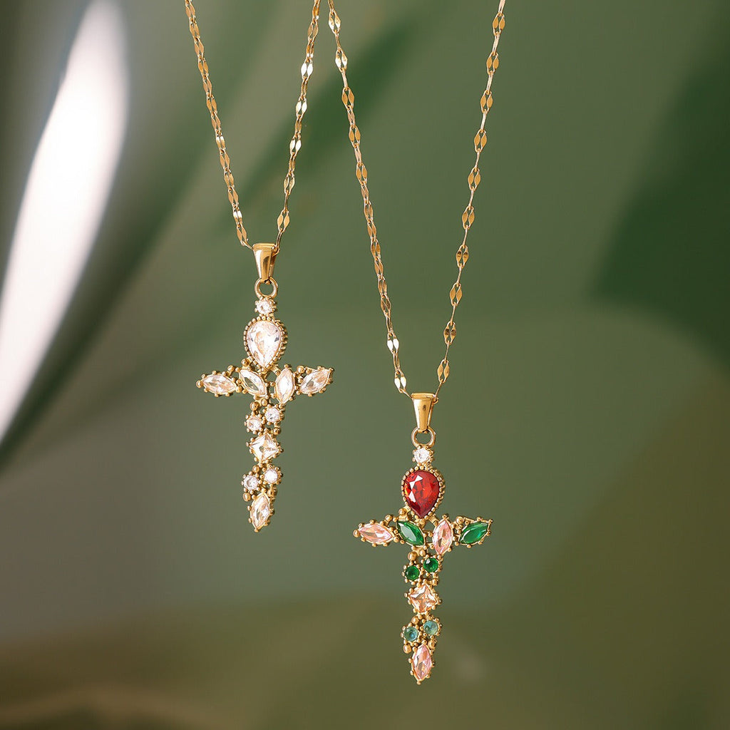 18K Gold Cross Inlaid Gemstone Design Exquisite Fashion Necklace