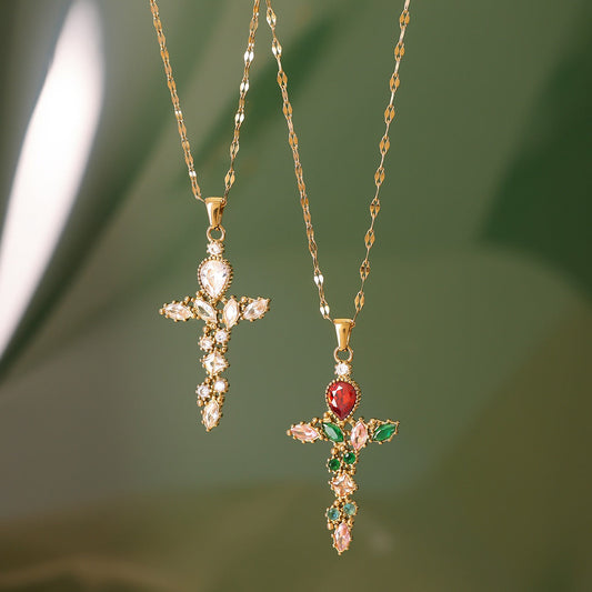 18K Gold Cross Inlaid Gemstone Design Exquisite Fashion Necklace