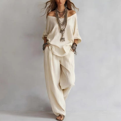 Chiffon Puff-Sleeve Top & Wide-Leg Pants Set – 15 Colors