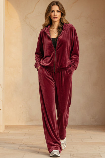 Women's Velvet Zip-Up Hoodie & Wide-Leg Pants Set