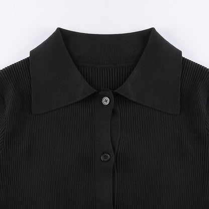 Women's V-Neck Ribbed Knit Button Cardigan Top – Black