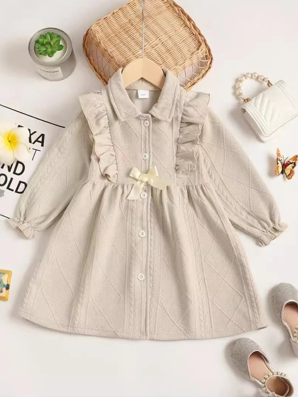 Children's Ruffled Bow Collared Neck Dress