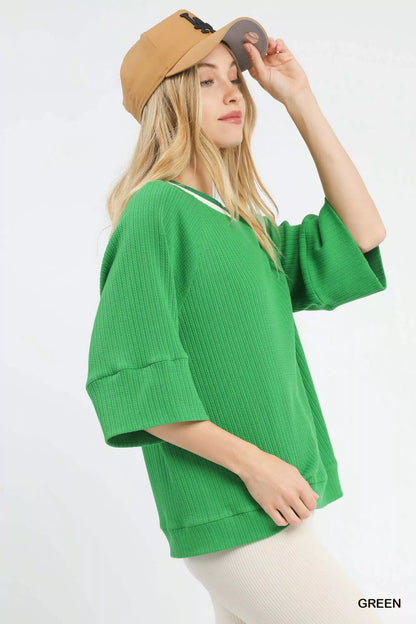 Umgee Ribbed Knit Top with Contrast Trim