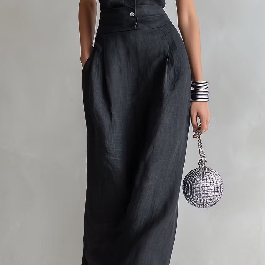 Women's Structured Sleeveless V-Neck Single-Breasted Vest & Wide-Leg Pleated Trousers Set