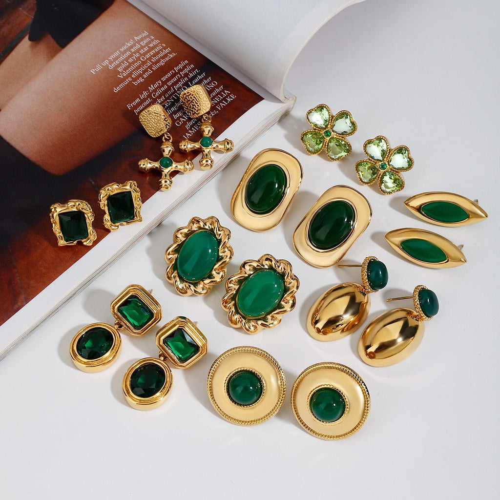 18K gold geometric/flower-shaped inlaid gemstone design light luxury noble earrings