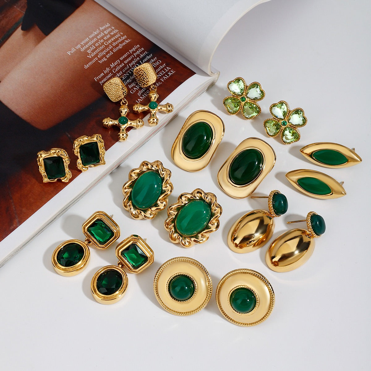 18K gold geometric/flower-shaped inlaid gemstone design light luxury noble earrings