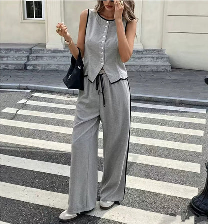 Women's Contrast Color Sleeveless Vest & Drawstring Trousers Suit – 6 Colors S–XXL