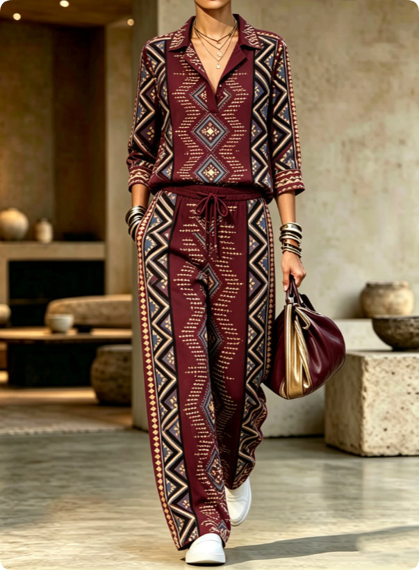 Women's V-Neck Lapel Printed Raglan Three-Quarter Sleeve Cropped Top & Wide-Leg Drawstring Trouser Set