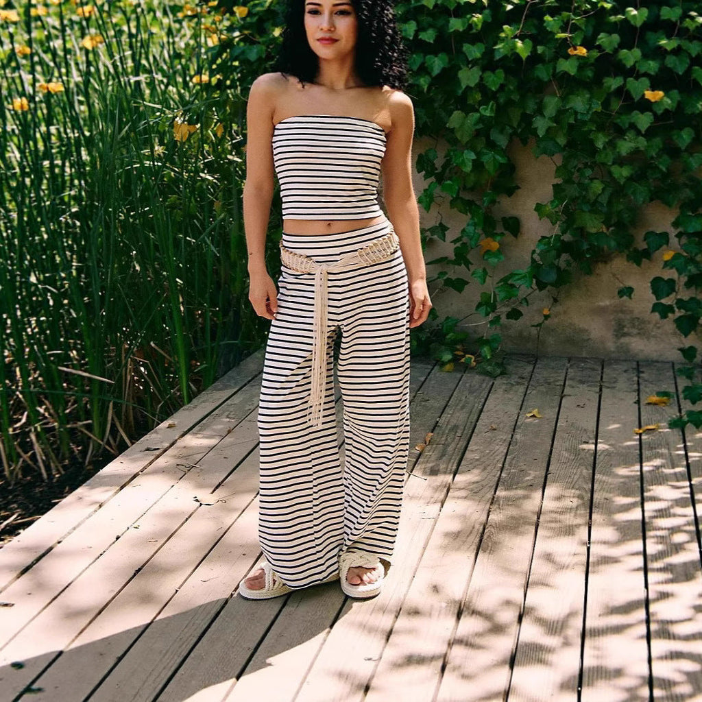 Women's Striped Tube Top & Pants Set – 2-Piece Modal Matching Outfit