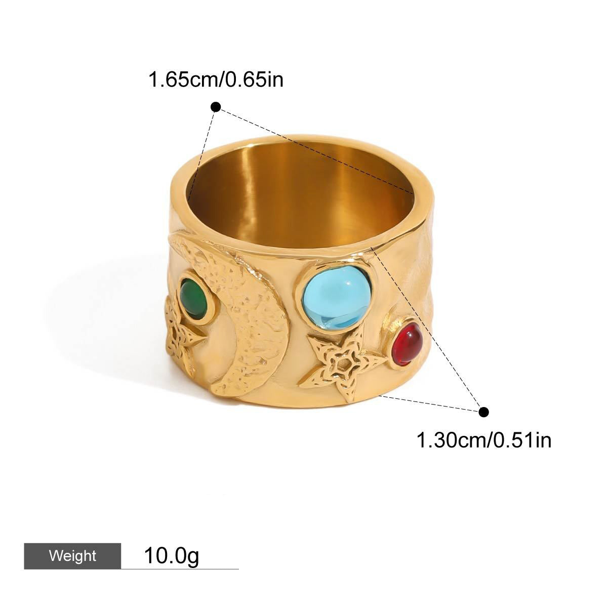 18K gold inlaid gemstone with star and moon texture classic retro ring